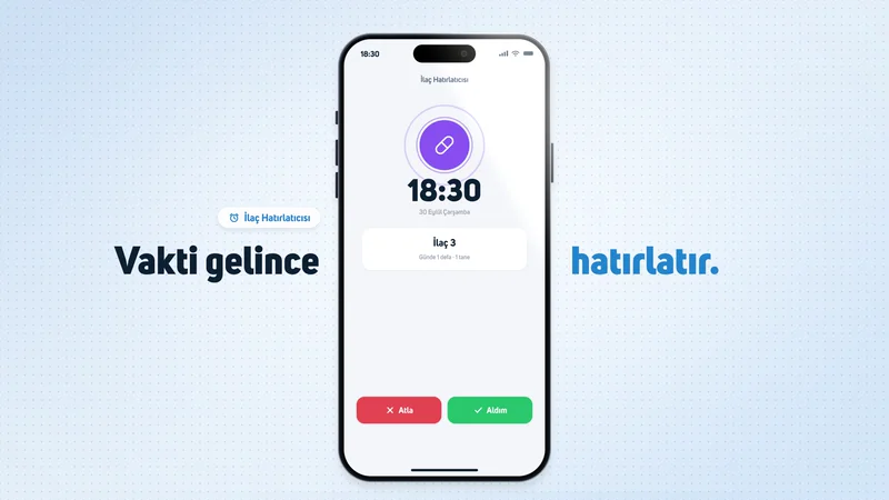 MobilTarif ilaç hatırlatıcısı: telefonda 18:30 alarmı, Atla ve Aldım düğmeleri